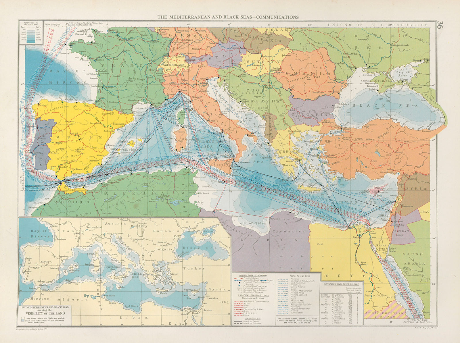 Mediterranean & Black Seas. Cables. Land visibility. Shipping lines 1952 map